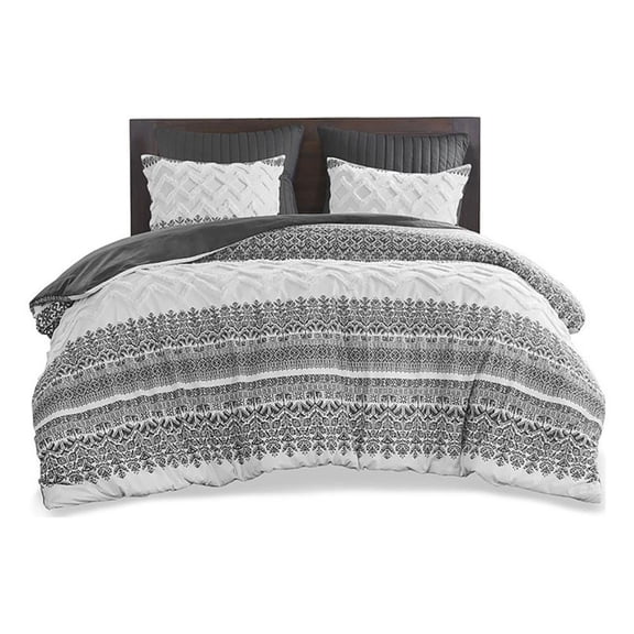 Pemberly Row Contemporary Cotton Comforter Set with Chenille Tufting in Gray