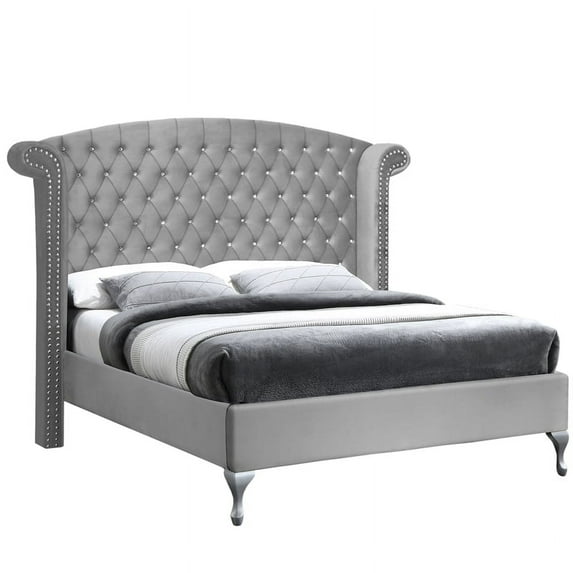 Pemberly Row Contemporary Crystal Tufted Velvet Platform Bed in Gray