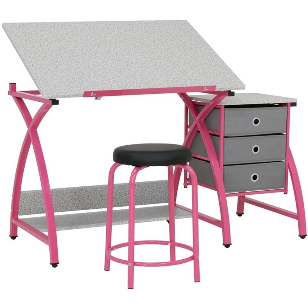Pemberly Row Contemporary Drawing Table with Stool in Pink and Gray ...