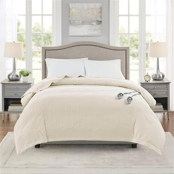 Pemberly Row Contemporary Electric Micro Fleece Heated Blanket in Beige