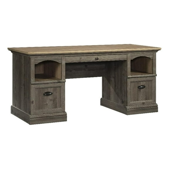Pemberly Row Contemporary Engineered Wood Executive Desk in Pebble Pine