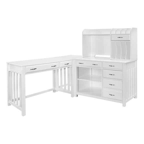 Pemberly Row Contemporary Engineered Wood L Shaped Desk with Hutch in White