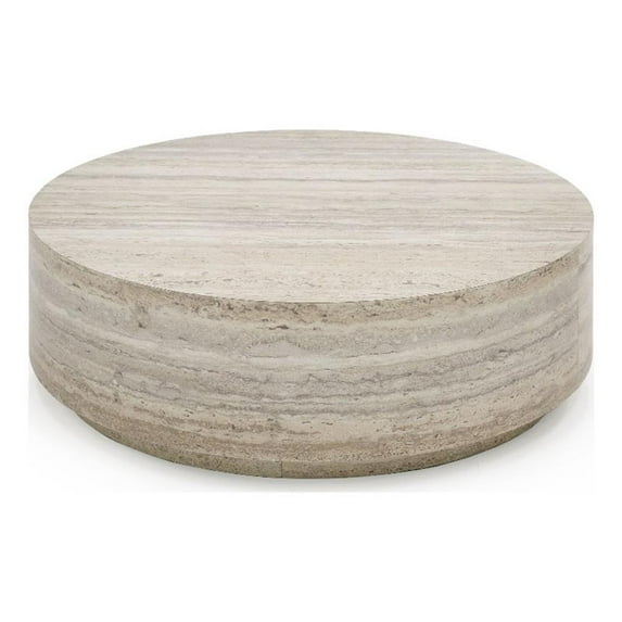 Pemberly Row Contemporary Engineered Wood Travertine Round Coffee Table