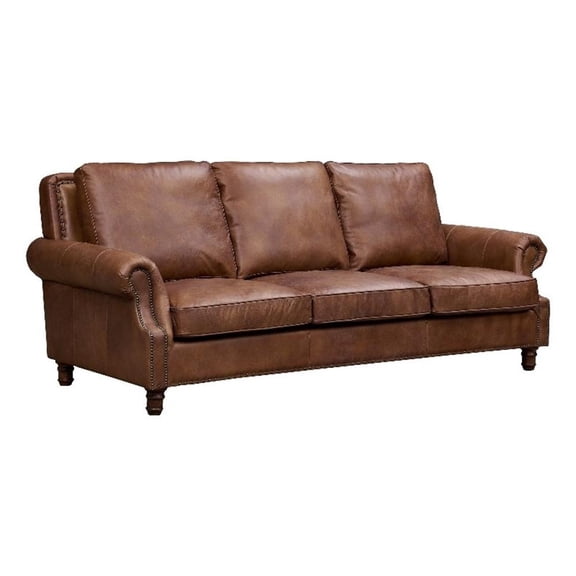 Pemberly Row Contemporary English Rolled Arm Sofa in Bark Brown Leather