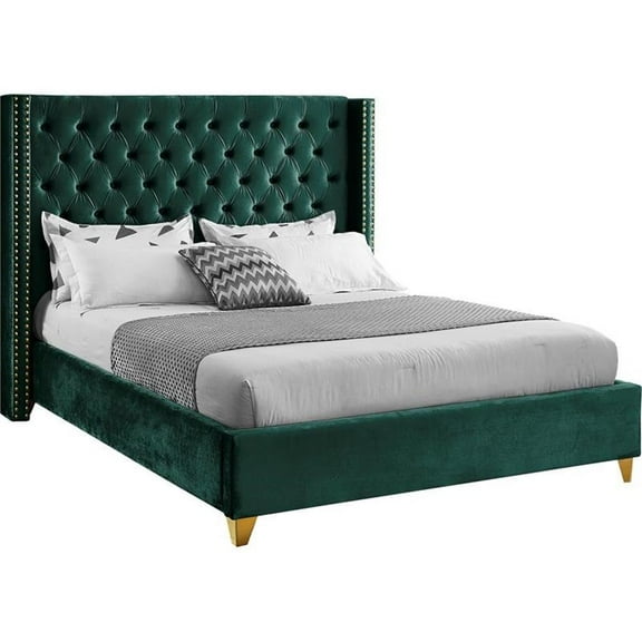 Pemberly Row Contemporary Green Velvet King Bed - 88"W x 86"D x 56"H