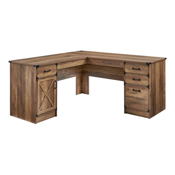 Pemberly Row Contemporary L-Shape Executive Desk in Rustic Oak