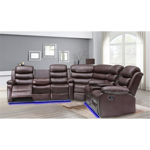 Pemberly Row Contemporary LED Faux Leather Reclining Sectional in Brown