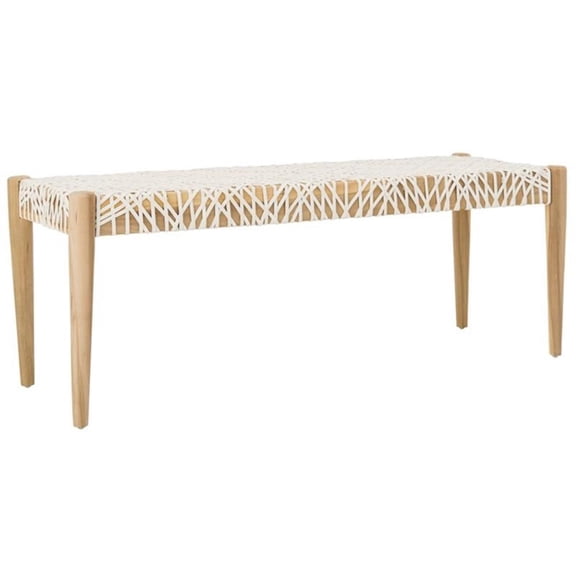 Pemberly Row Contemporary Leather Bench in Off White and Light Oak