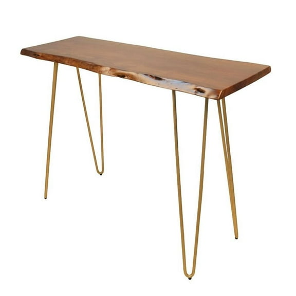 Pemberly Row Contemporary Live Edge Console Table in Elm and Gold