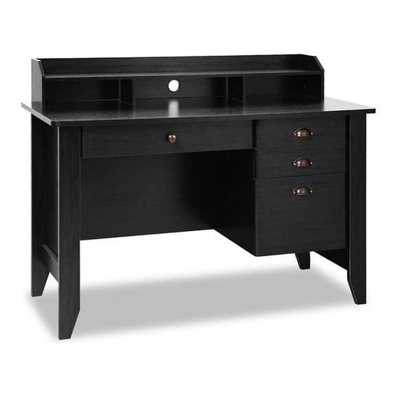 Pemberly Row Contemporary MDF Computer Desk with 3 Side Drawers in Black Finish