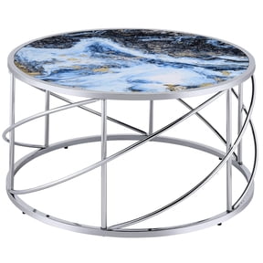 Pemberly Row Contemporary Metal/Marble Coffee Table in Blue Print and Chrome