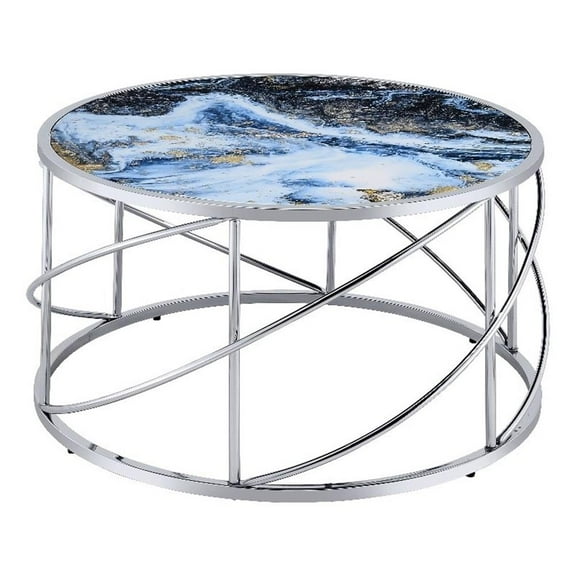 Pemberly Row Contemporary Metal/Marble Coffee Table in Blue Print and Chrome