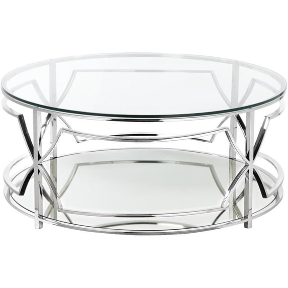 Pemberly Row Contemporary Metal Round Coffee Table with Glass in Silver