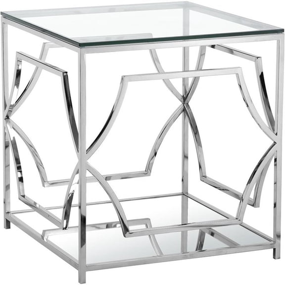 Pemberly Row Contemporary Metal Side Table with Glass in Silver