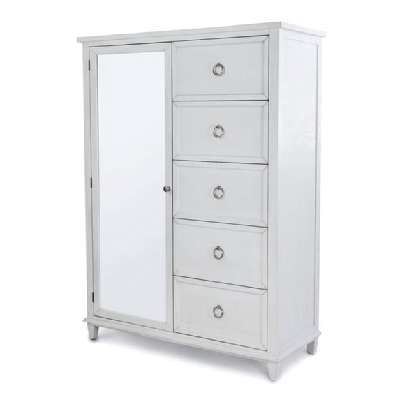 Pemberly Row Contemporary Mirrored Door Chest in White & Soft Grey Glaze