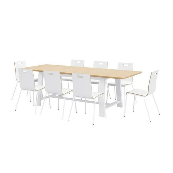 Pemberly Row Contemporary Natural Cafe Table and 8 Chairs Set in White