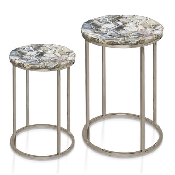 Pemberly Row Contemporary Nickel Agate Top Nesting Table - Set of 2