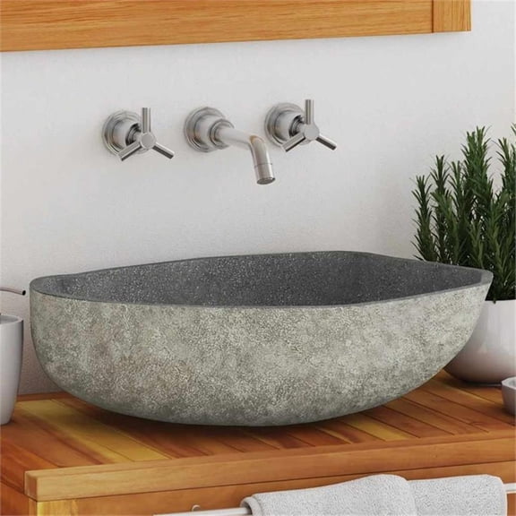 Pemberly Row Contemporary Oval Basin River Stone in Gray Finish