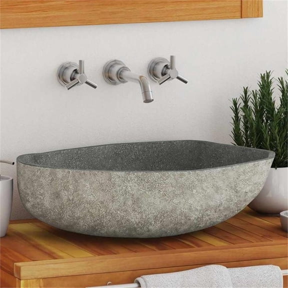 Pemberly Row Contemporary Oval Basin River Stone in Gray Finish