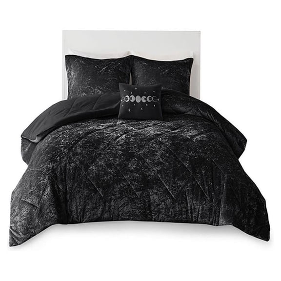 Pemberly Row Contemporary Polyester Crushed Comforter Set in Black