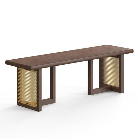 Pemberly Row Contemporary Rectangular Cane Dining Bench in Walnut