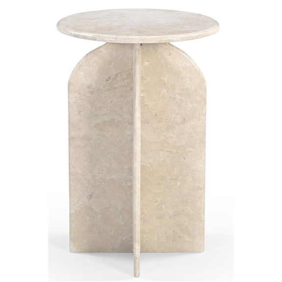 Pemberly Row Contemporary Round Side Table in Light Cream Italian Marble