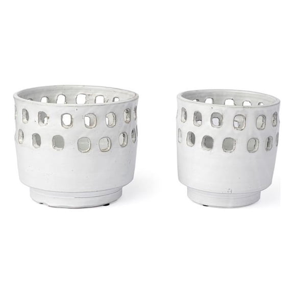 Pemberly Row Contemporary Set of Two White Ceramic Hollow Pattern Vases