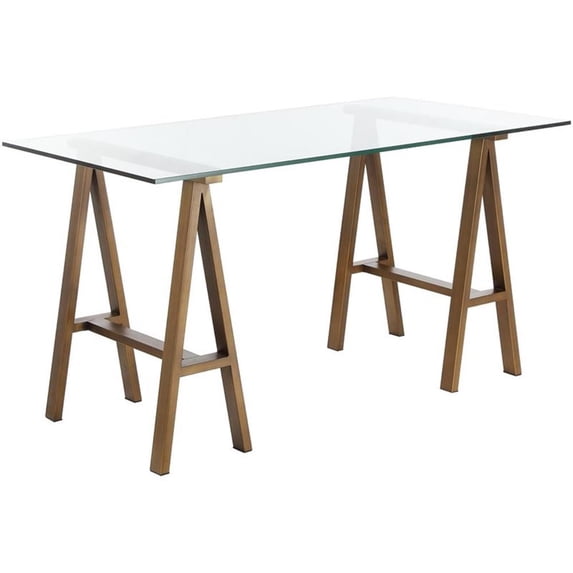 Pemberly Row Contemporary Small Metal Desk with Glass in Brushed Brass