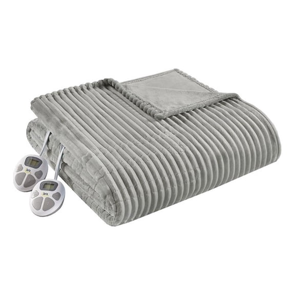Pemberly Row Contemporary Solid Corded Plush Fabric Twin Heated Blanket in Gray