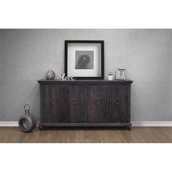 Pemberly Row Contemporary Solid Pine Wood 73" 4 Door Sideboard in Black