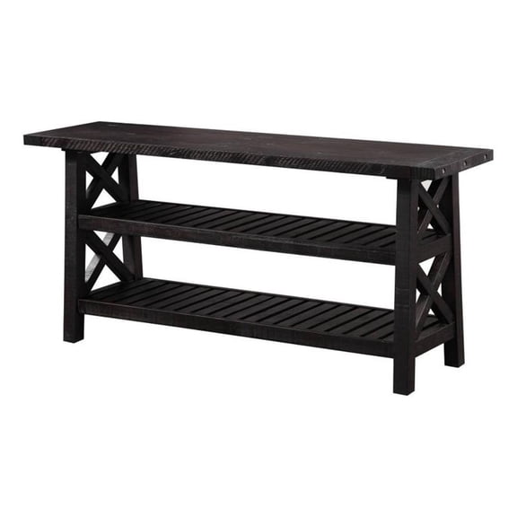 Pemberly Row Contemporary Solid Pine Wood Cross Bar Console Table in Black