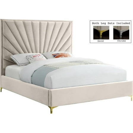Pemberly Row Contemporary Solid Wood and Velvet King Bed in Cream