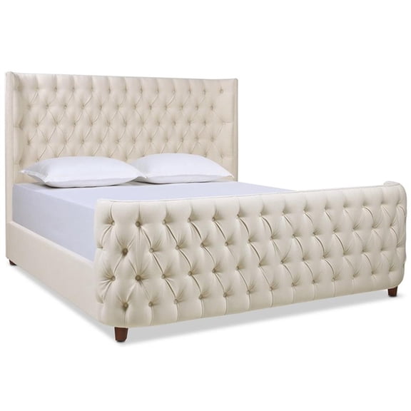 Pemberly Row Contemporary Tufted Bed King in Light Beige Linen