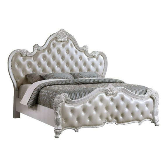 Pemberly Row Contemporary Tufted Faux Leather Eastern King Bed in White