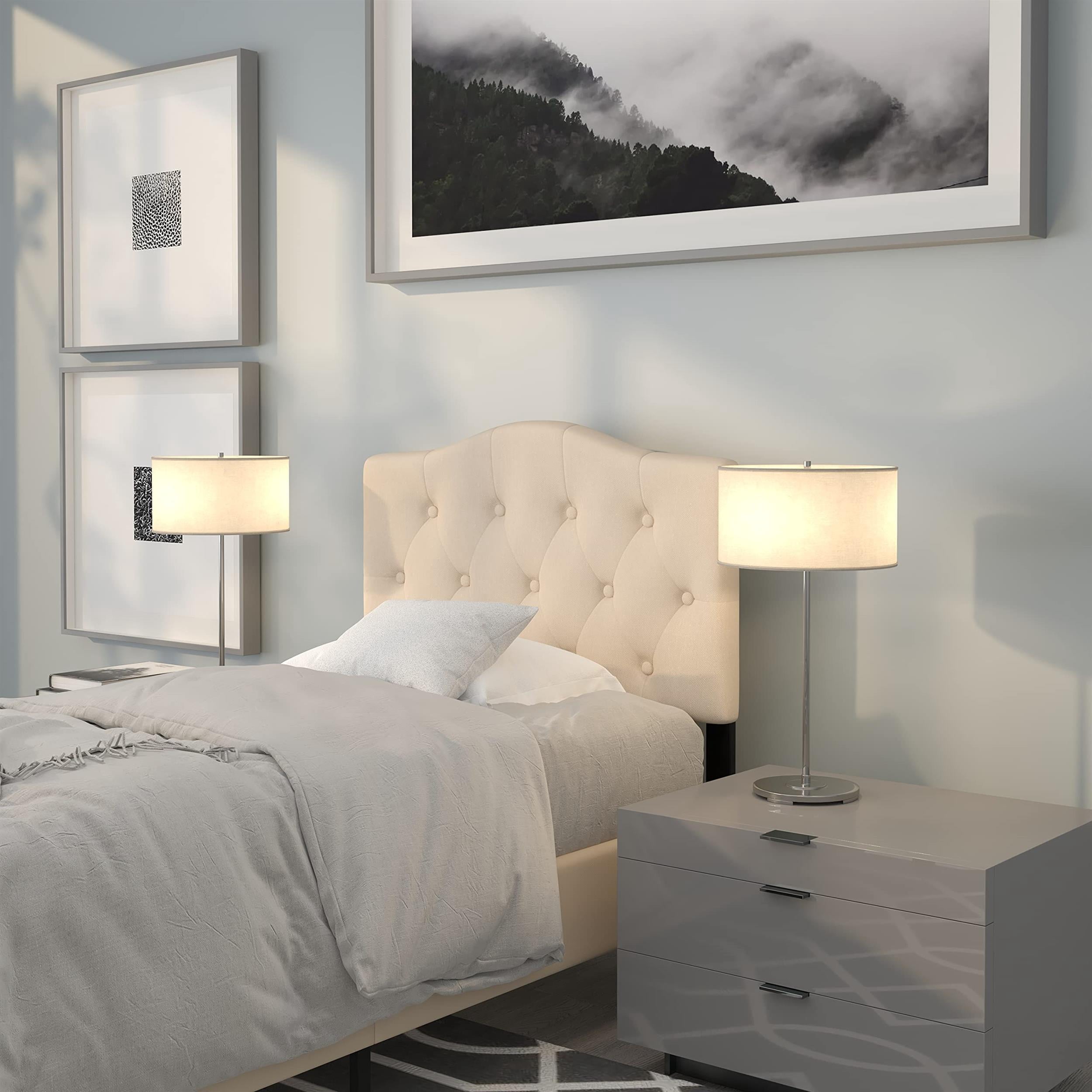 Pemberly Row Contemporary Tufted Twin Panel Headboard in Beige