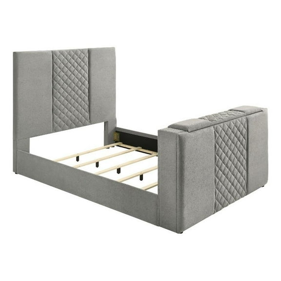 Pemberly Row Contemporary Upholstered Velvet Queen Panel TV Bed in Gray