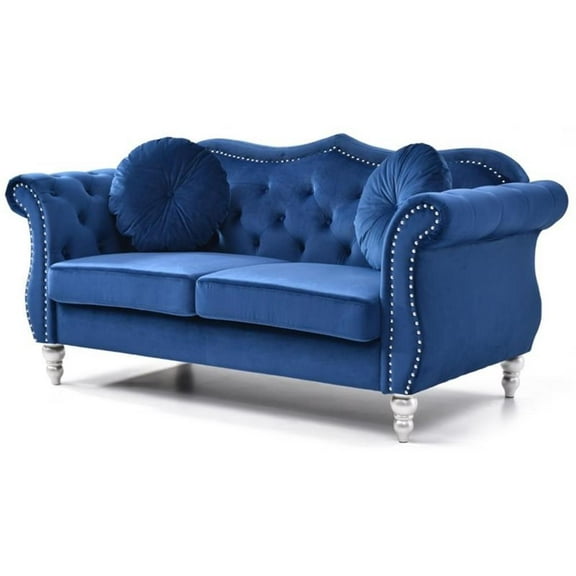 Pemberly Row Contemporary Velvet Loveseat in Navy Blue Finish