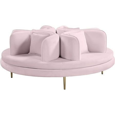 Pemberly Row Contemporary Velvet Roundabout Sofa with Iron Legs in Pink