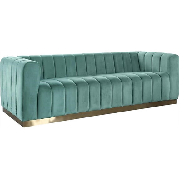 Pemberly Row Contemporary Velvet/Stainless Steel Sofa in Mint/Brushed Gold