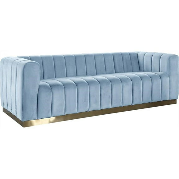 Pemberly Row Contemporary Velvet/Stainless Steel Sofa in Sky Blue/Brushed Gold