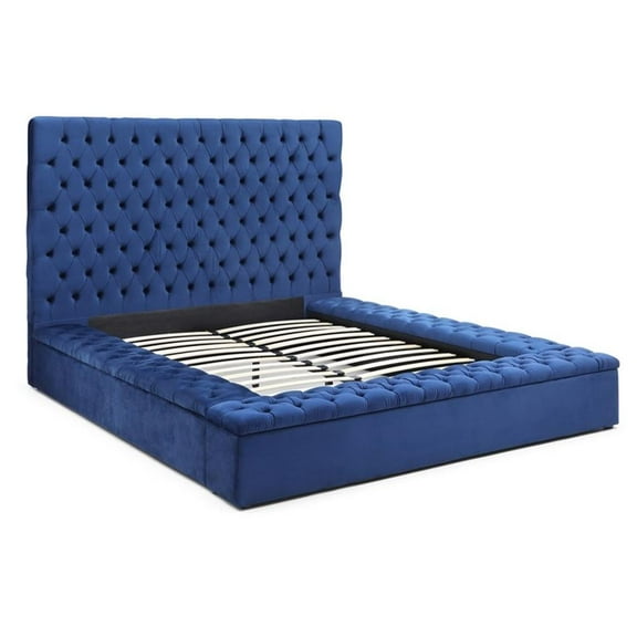 Pemberly Row King Velvet Tufted Upholstered Storage Platform Bed in Blue