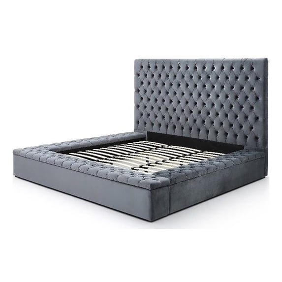 Pemberly Row Contemporary Velvet Upholstered Platform Queen Bed in Gray