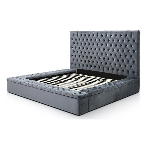 Pemberly Row Contemporary Velvet Upholstered Platform Queen Bed in Gray