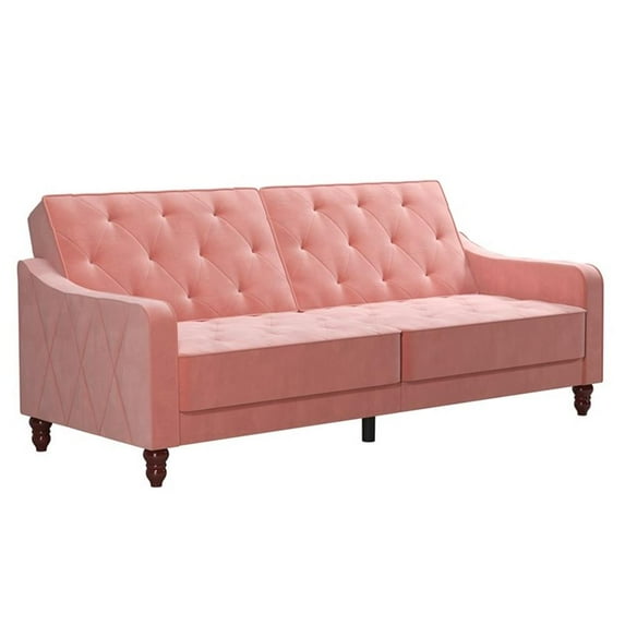 Pemberly Row Contemporary Vintage Tufted Split Back Futon in Pink Velvet