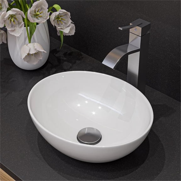 Pemberly Row Contemporary White 16" Egg Shape Above Mount Ceramic Sink