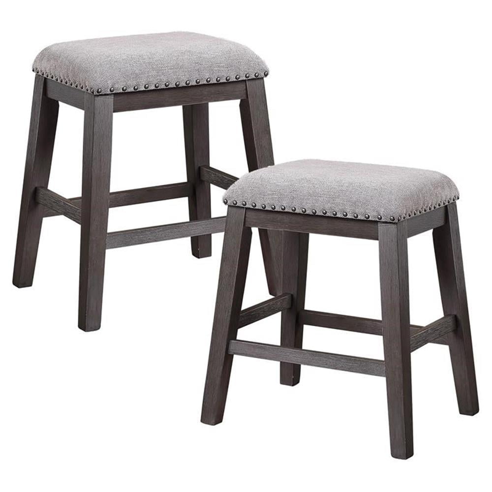 Gray Chenille Upholstered Counter Height Barstools with Nailhead Trim and Acacia Legs