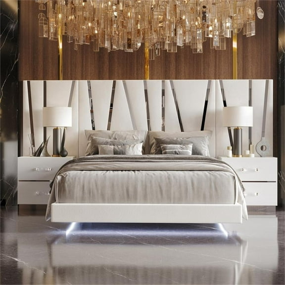 Pemberly Row Contemporary Wood King Bed with Nightstand in White