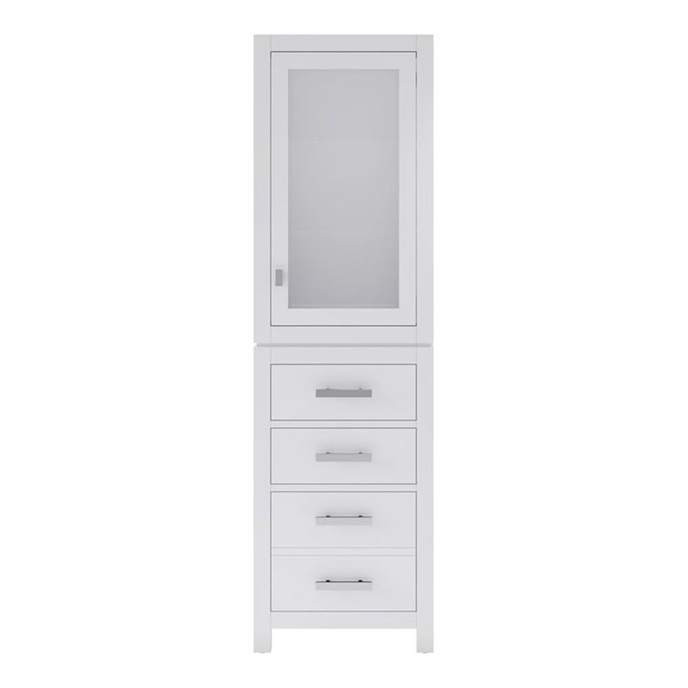 Pure White Solid Wood Freestanding Linen Cabinet with Glass Door
