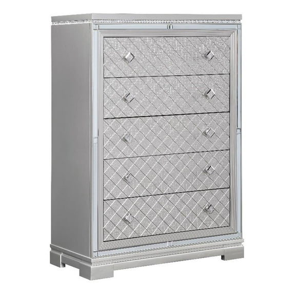 Pemberly Row Contemporary Wood Rectangular 5-Drawer Chest in Silver
