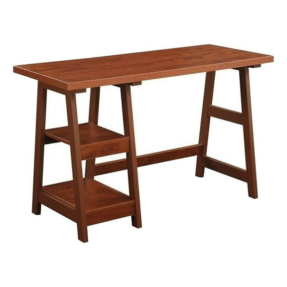 Pemberly Row Contemporary Wood Trestle Desk with Shelves in Cherry